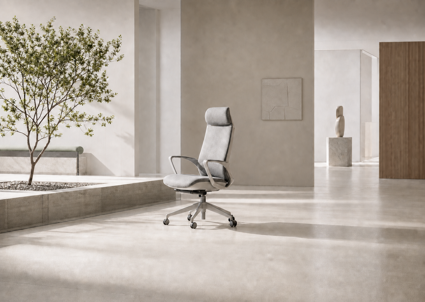A refined ergonomic office chair in a bright architectural workspace